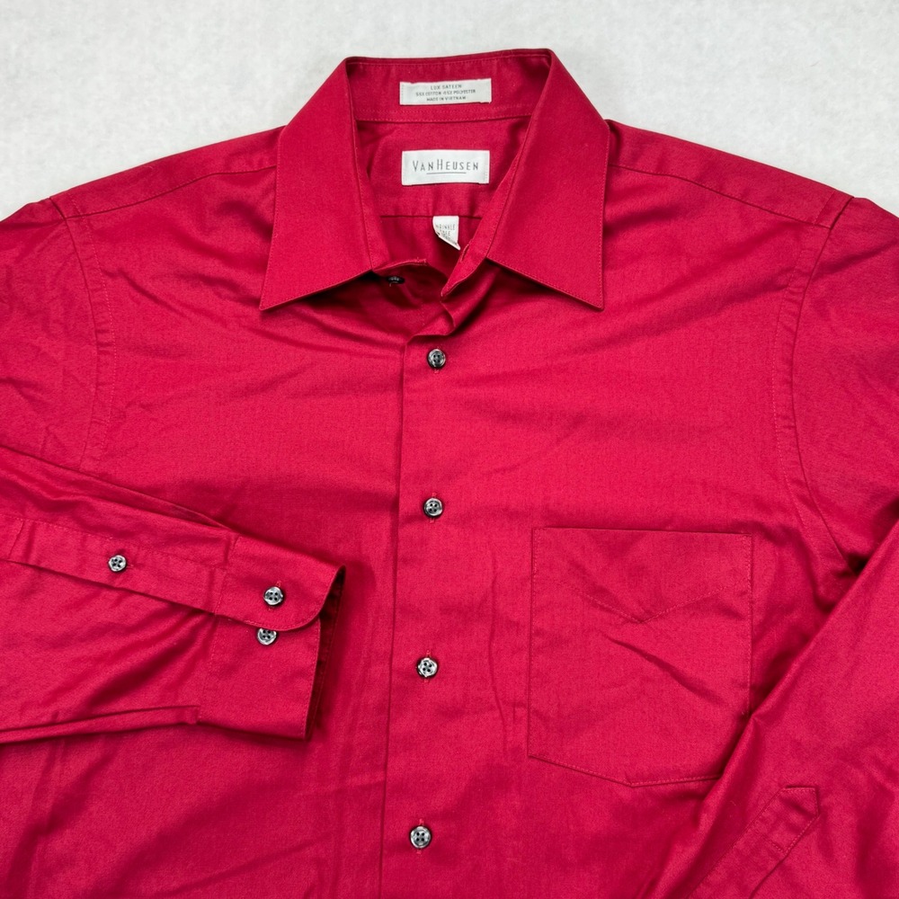 Van Heusen Mens Lux Sateen Dress Shirt Red Wrinkle Free Long Sleeve Size M 15.5